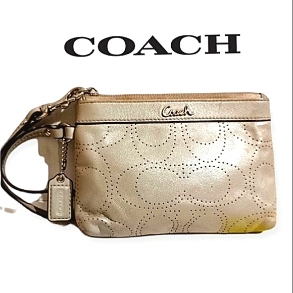 COACH Metallic Perforated Signature C Logo Wristlet EUC - Picture 1 of 6